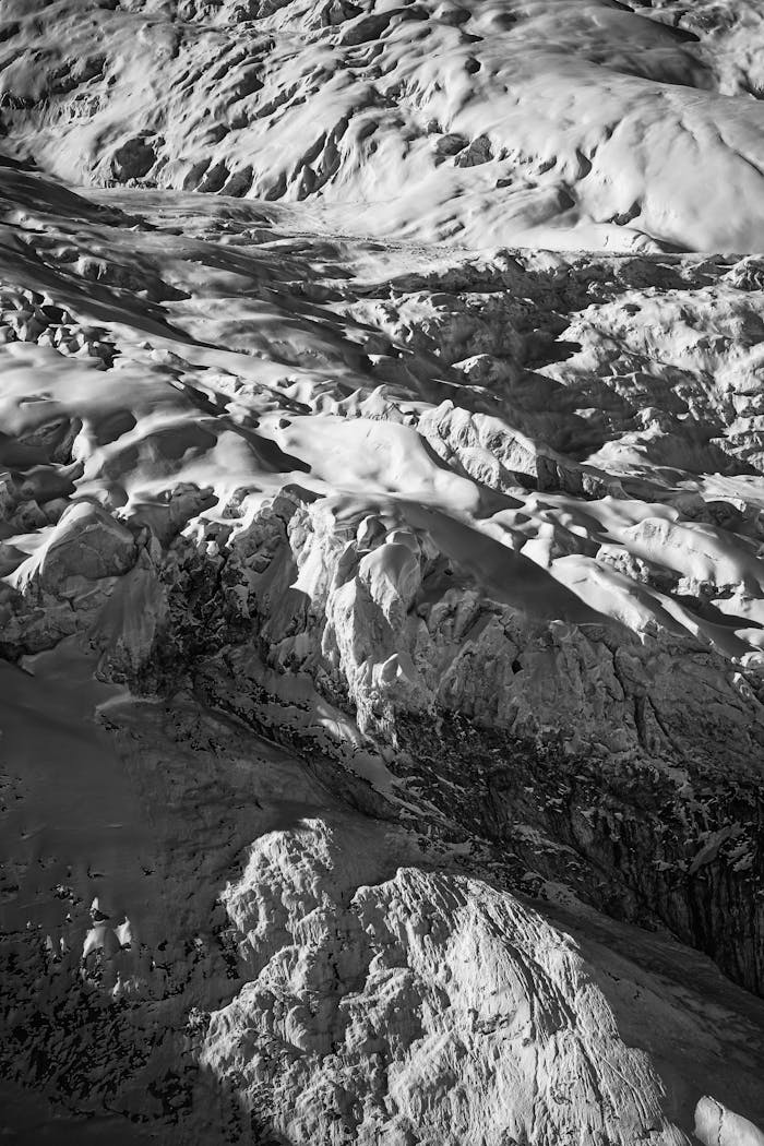 Monochrome view of a frosty alpine landscape in Saas Fee, Switzerland.